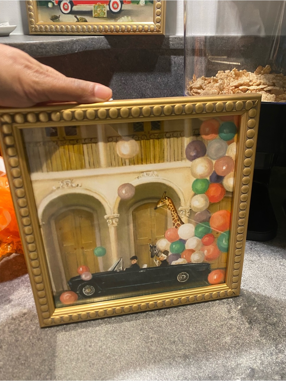 Janet Hill - Gold Framed Wall Art with Black Car and Colorful Balloons - 8x8 - Picture 2 of 3